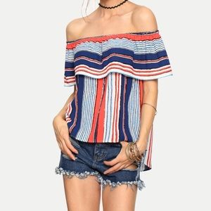multicolored striped off the shoulder blouse